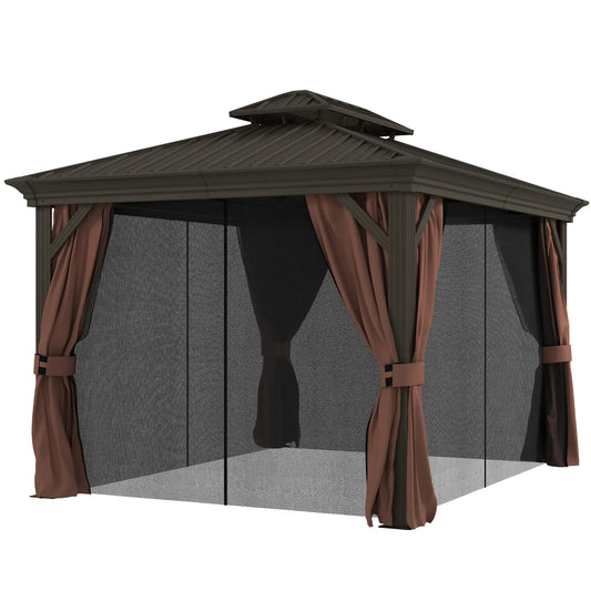 10' x 12' Outdoor Hardtop Gazebo, Galvanized Canopy, Netting Sidewalls, Dark Brown Gazebos Dark Brown at Gallery Canada