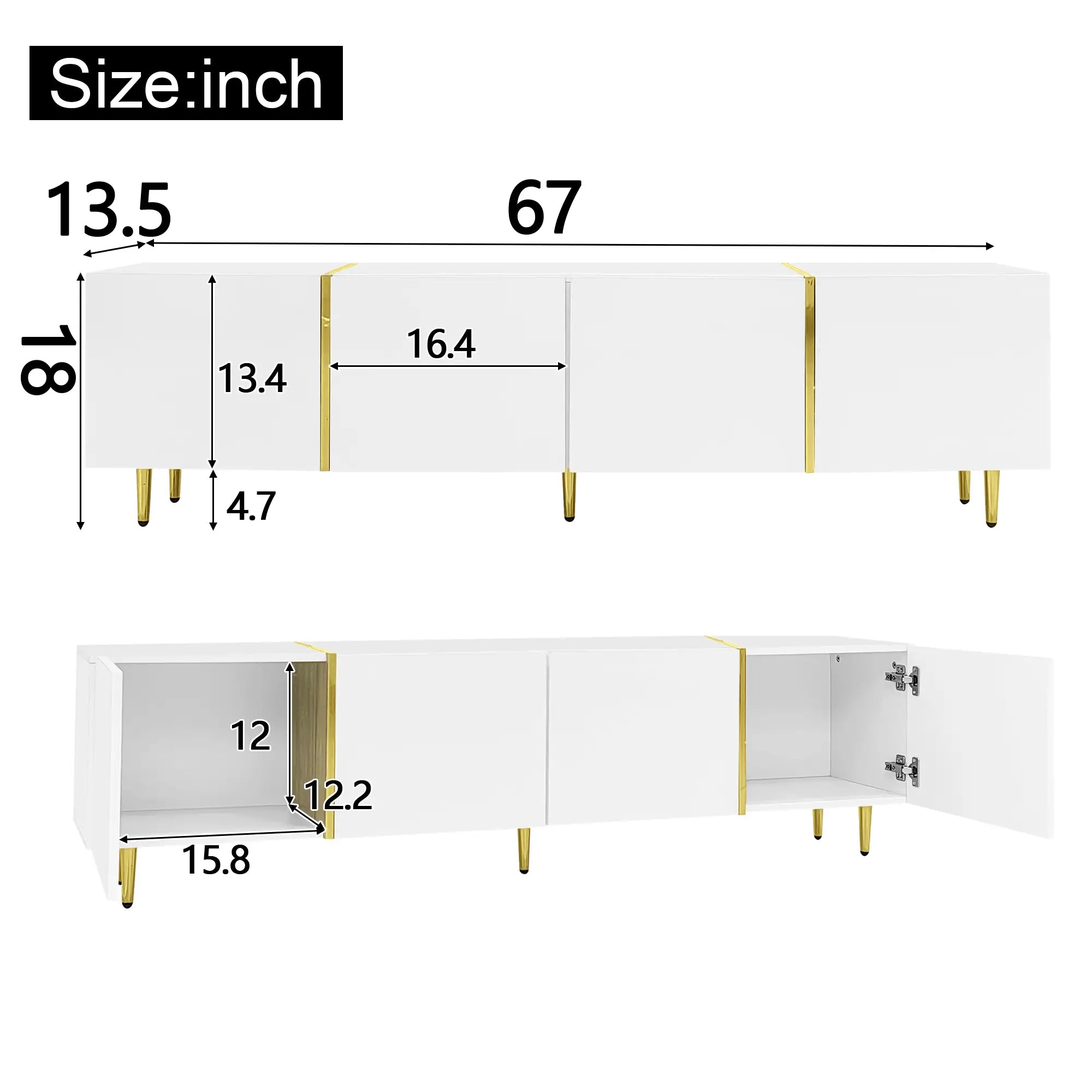 Modern TV Stand, 4 Doors, Soft-Close Hinges, 67
