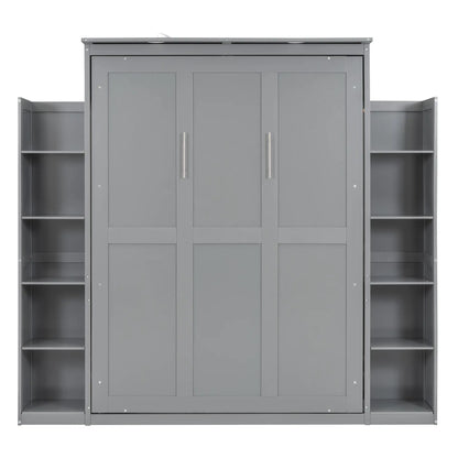 Murphy Bed with Shelves, LED Lights, Space-Saving Wall Bed, 91" L x 81" W x 84" H, Grey Bed Frames at Gallery Canada