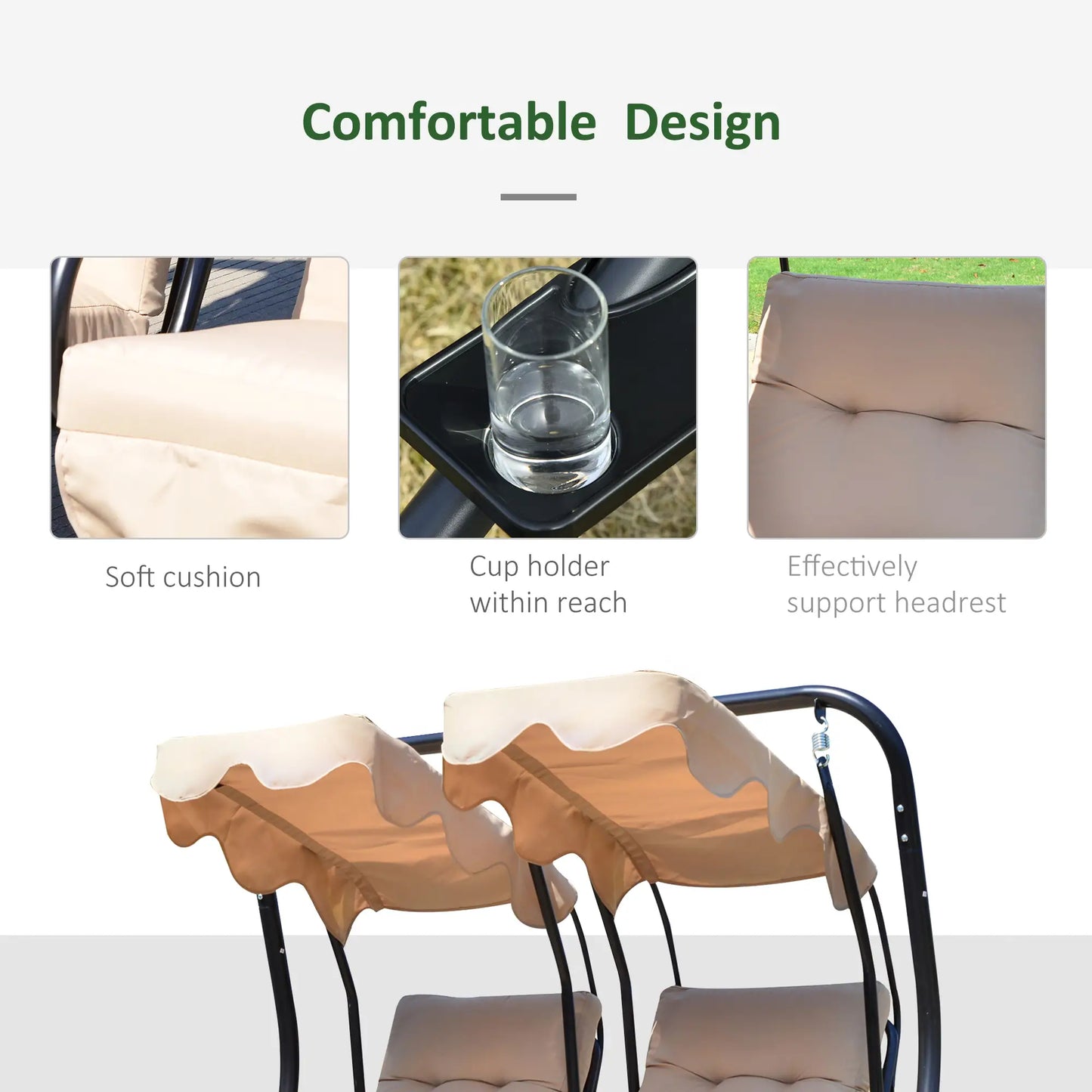 Metal Outdoor Swing Chair, 2 Seater Hammock with Canopy, Beige Patio Swings with Stand at Gallery Canada
