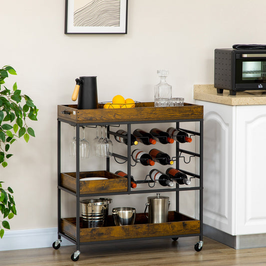 3-Tier Kitchen Cart on Wheels with Handles Wine Racks Glass Holders Rustic Brown - Gallery Canada