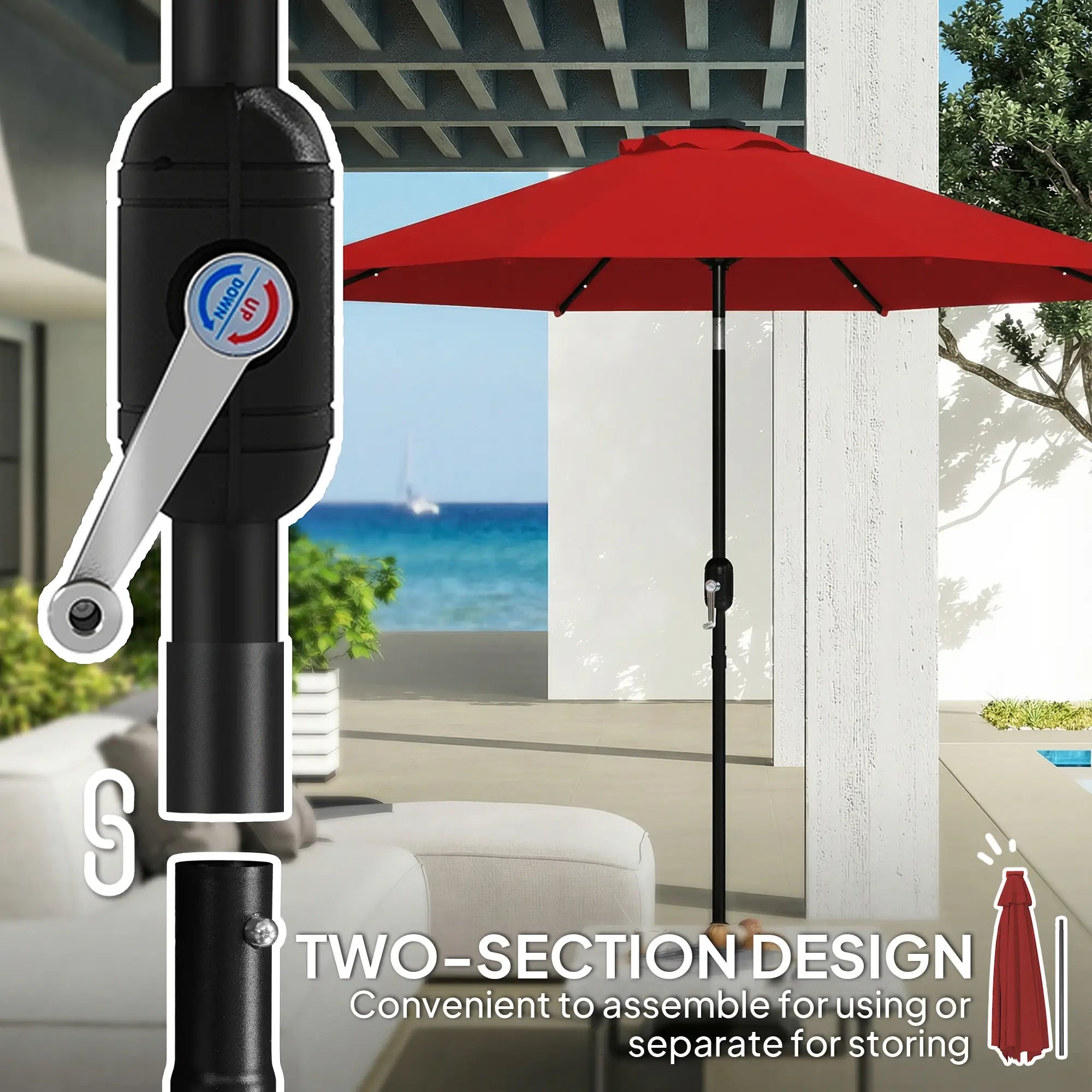 9ft Solar Patio Umbrella, 24 LED Lights, Tilt, Wine Red Sun Umbrellas at Gallery Canada