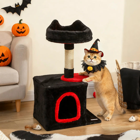 28" Gothic Cat Tree Tower, Plush Bed, Condo, Scratching Post, Red & Black Cat Posts Black, Red at Gallery Canada
