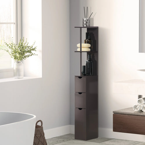 Tall Narrow Bathroom Storage Cabinet with Drawers, Open Shelves, Brown