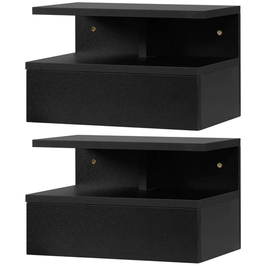 Floating Nightstand Set of 2, Wall Mounted with Drawer and Shelf, Black