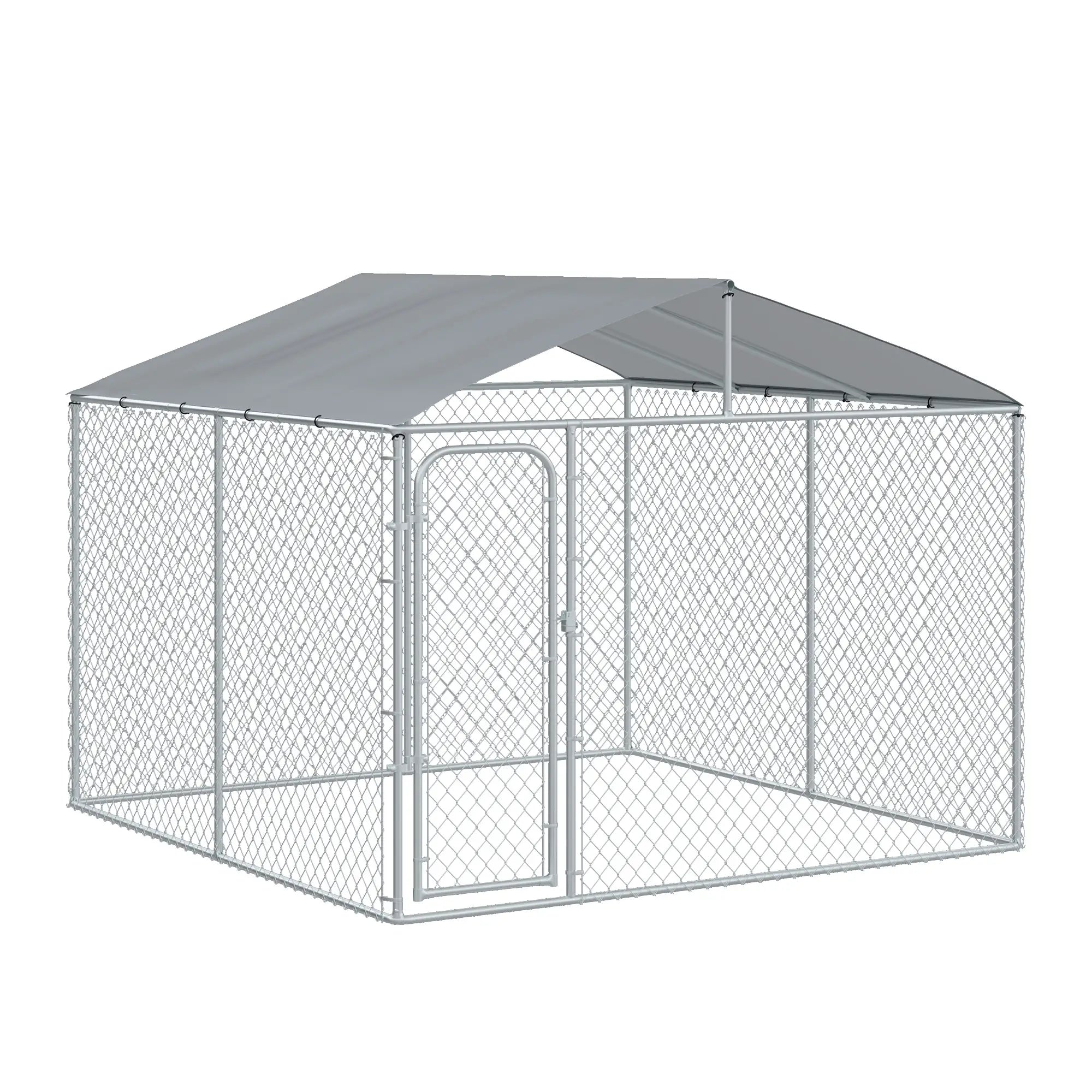 Outdoor Dog Kennel With Roof, Steel Lock, Mesh Sidewalls, 9.8' x 9.8' x 7.7' Houses, Kennels & Pens Silver at Gallery Canada