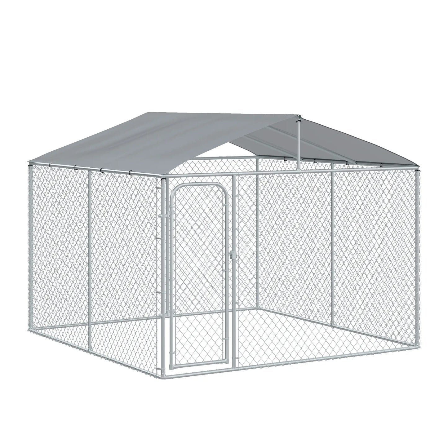 Outdoor Dog Kennel With Roof, Steel Lock, Mesh Sidewalls, 9.8' x 9.8' x 7.7' Houses, Kennels & Pens Silver at Gallery Canada