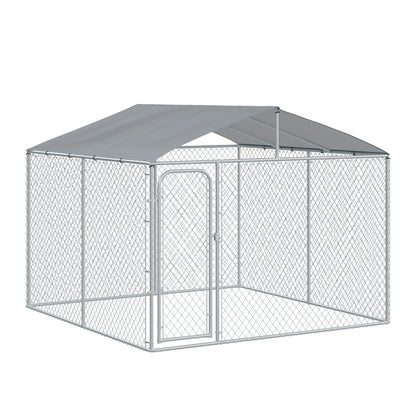 Outdoor Dog Kennel With Roof, Steel Lock, Mesh Sidewalls, 9.8' x 9.8' x 7.7' Houses, Kennels & Pens Silver at Gallery Canada