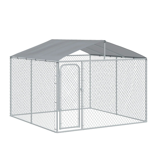 Outdoor Dog Kennel With Roof, Steel Lock, Mesh Sidewalls, 9.8' x 9.8' x 7.7' Houses, Kennels & Pens Silver at Gallery Canada