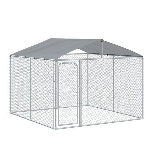 Outdoor Dog Kennel With Roof, Steel Lock, Mesh Sidewalls, 9.8' x 9.8' x 7.7'