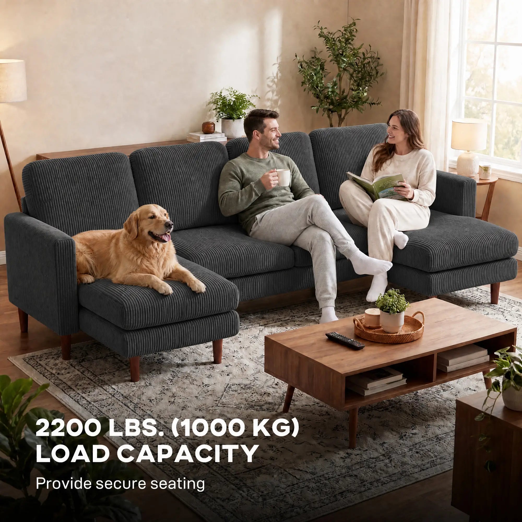U Shaped Sectional Sofa, 2200lb Capacity, Corduroy, Double Chaise, Dark Grey 3-Seater Sofas at Gallery Canada