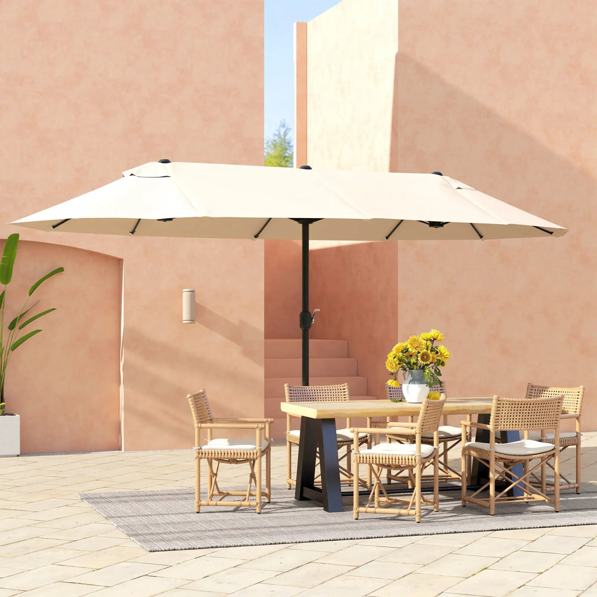 15' Outdoor Patio Umbrella, Twin Canopy Sunshade, Lift Crank, Beige Sun Umbrellas at Gallery Canada