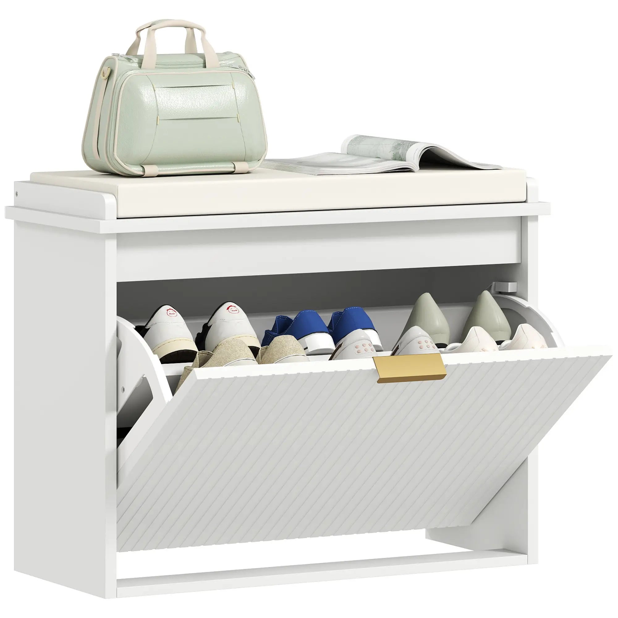 Entryway Bench with Padded Seat, Flip-Drawers, Holds 265lbs, Shoe Storage for 6 Pairs, White Shoe Storage Cabinets & Racks at Gallery Canada