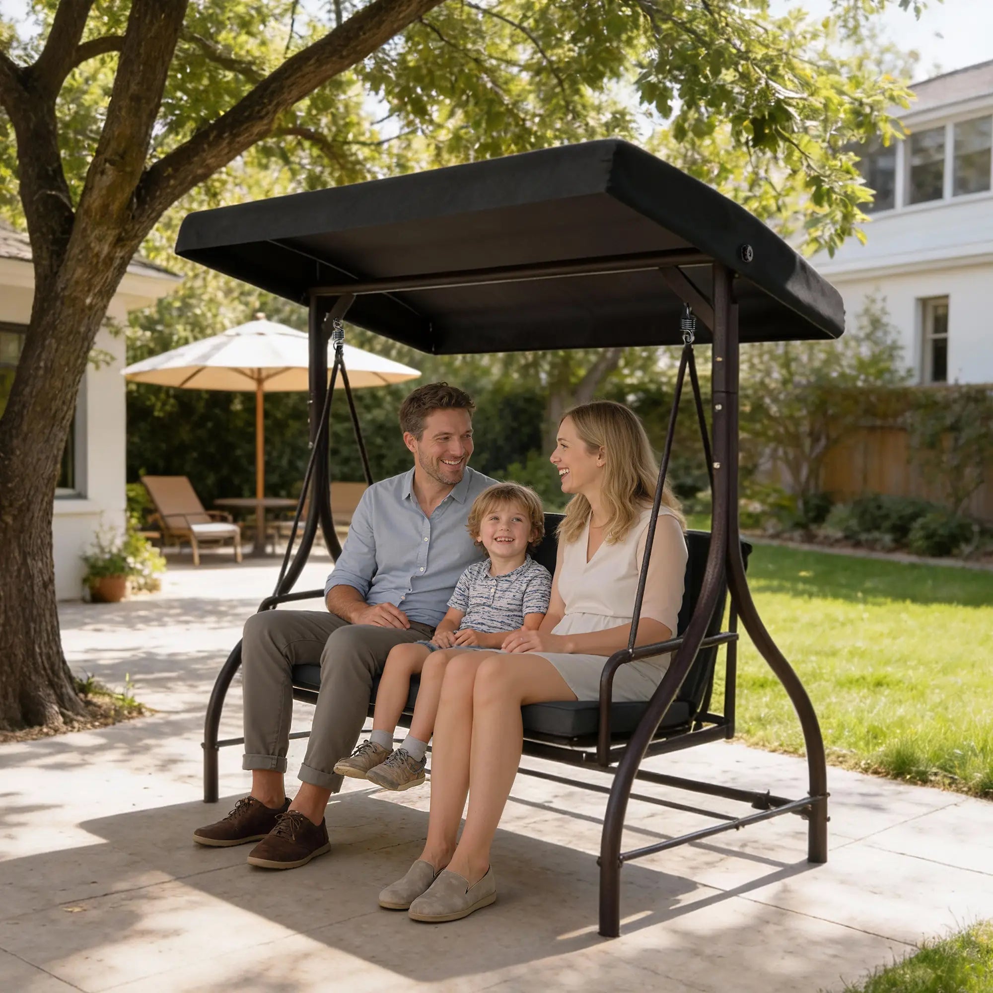 Convertible Patio Swing Bed With Canopy, Cushions, 3 Seater, Black Patio Swings with Stand at Gallery Canada