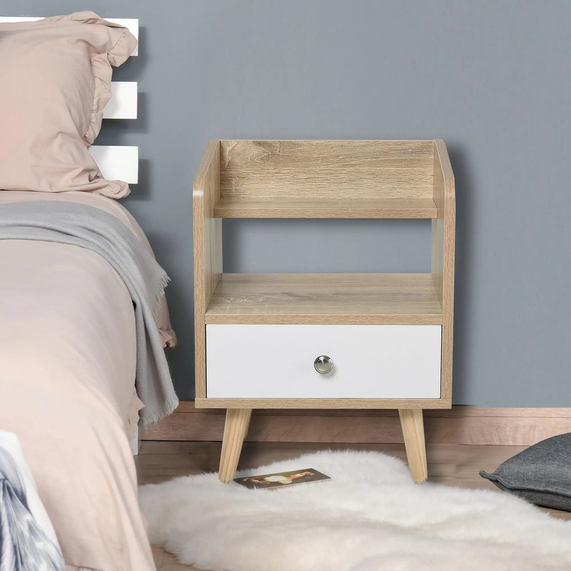 Bedside Table, 2-Tier Shelf with Drawer, Storage End Table, Natural Bedside Tables at Gallery Canada