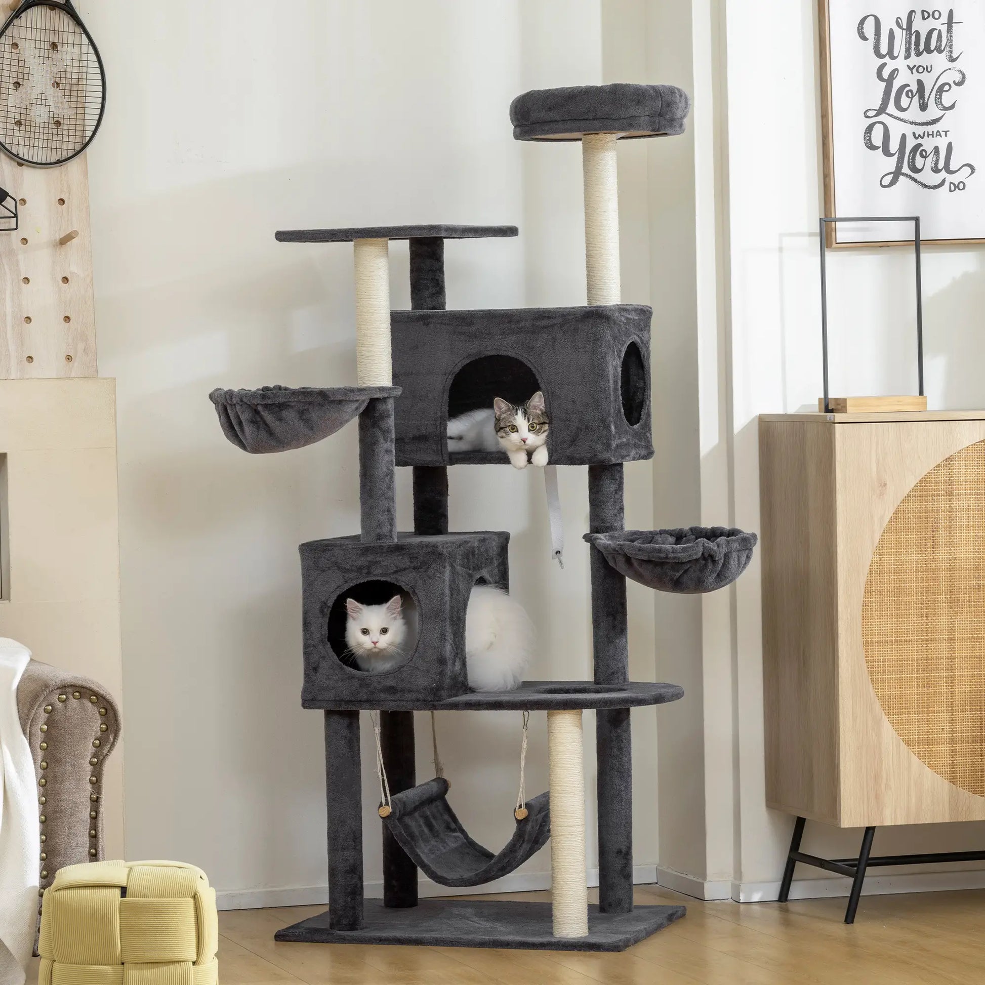 66 Inch Large Cat Tree, 2 Door Condos, 3 Hammocks, Plush Perch, Sisal Posts, Dark Grey Cat Trees at Gallery Canada