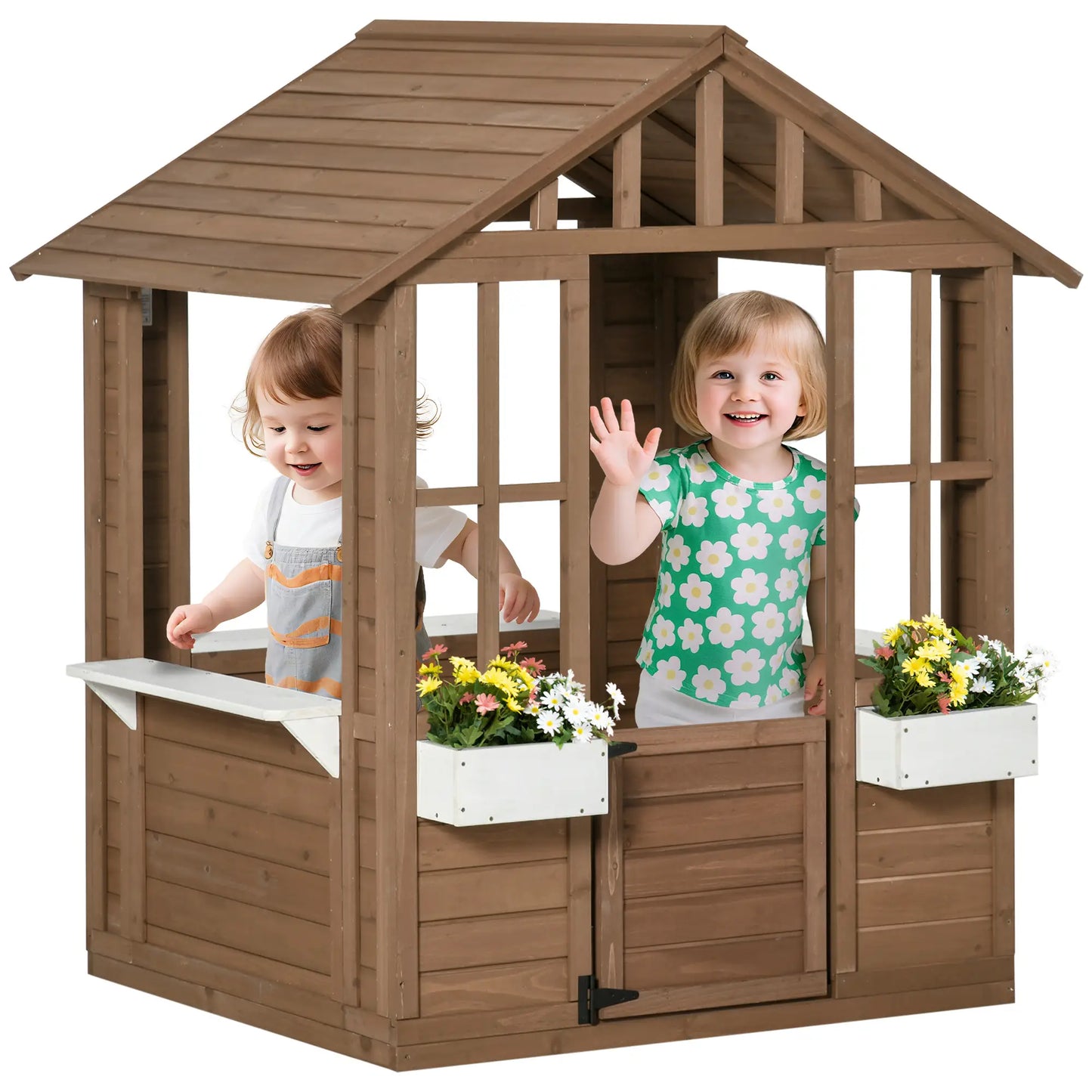 Kids Wooden Playhouse, Outdoor Cottage with Flower Pot Holder, Brown Play Houses at Gallery Canada