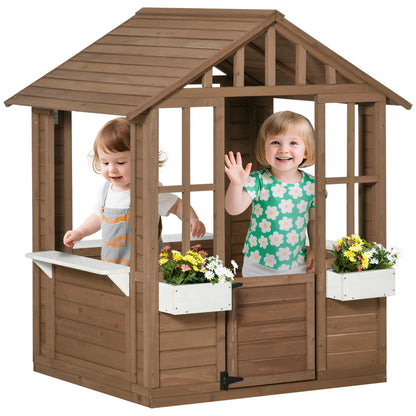 Kids Wooden Playhouse, Outdoor Cottage with Flower Pot Holder, Brown Play Houses at Gallery Canada