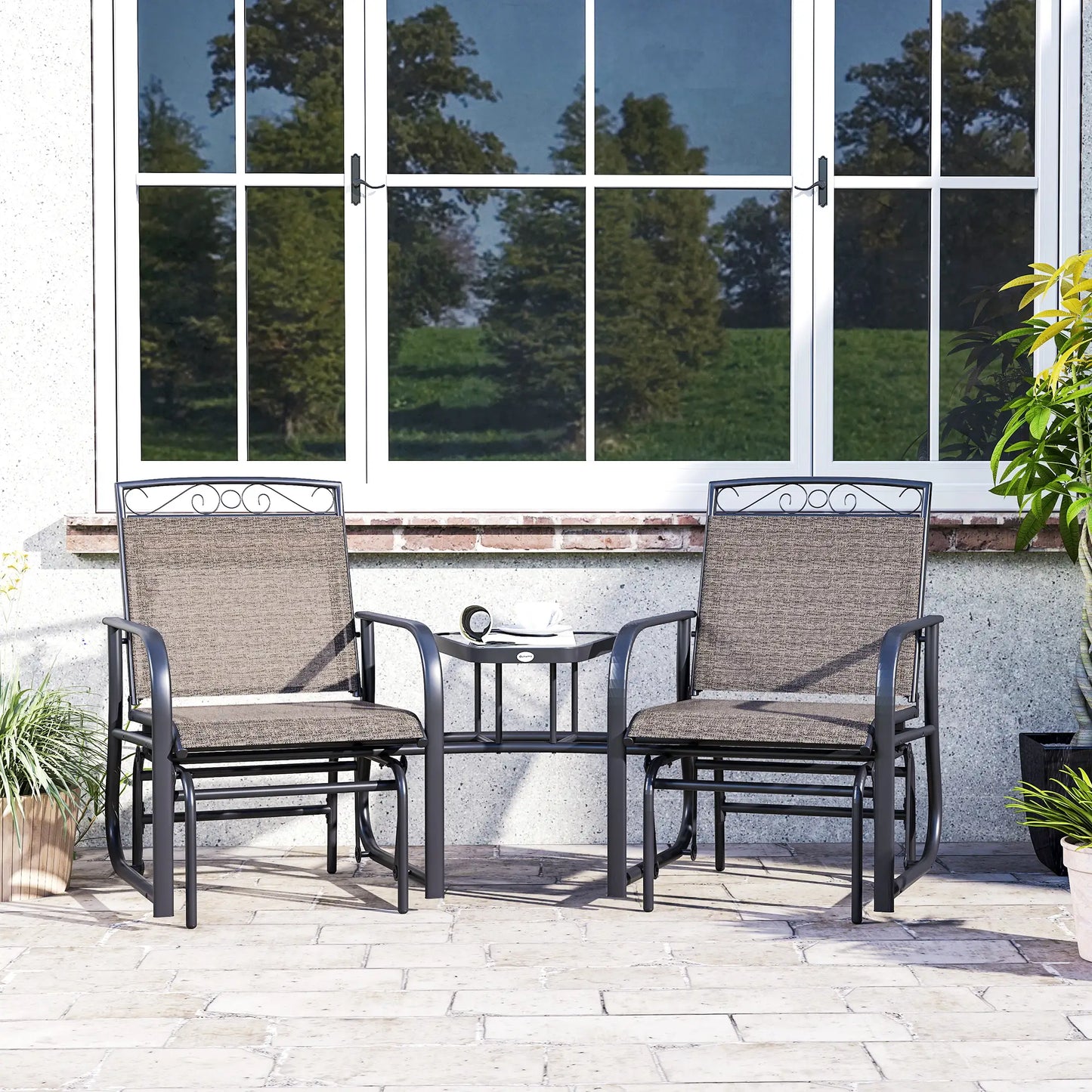 Outdoor Glider Bench with Coffee Table, 2-Seat Rocking Chair Swing, Brown Outdoor Gliders at Gallery Canada