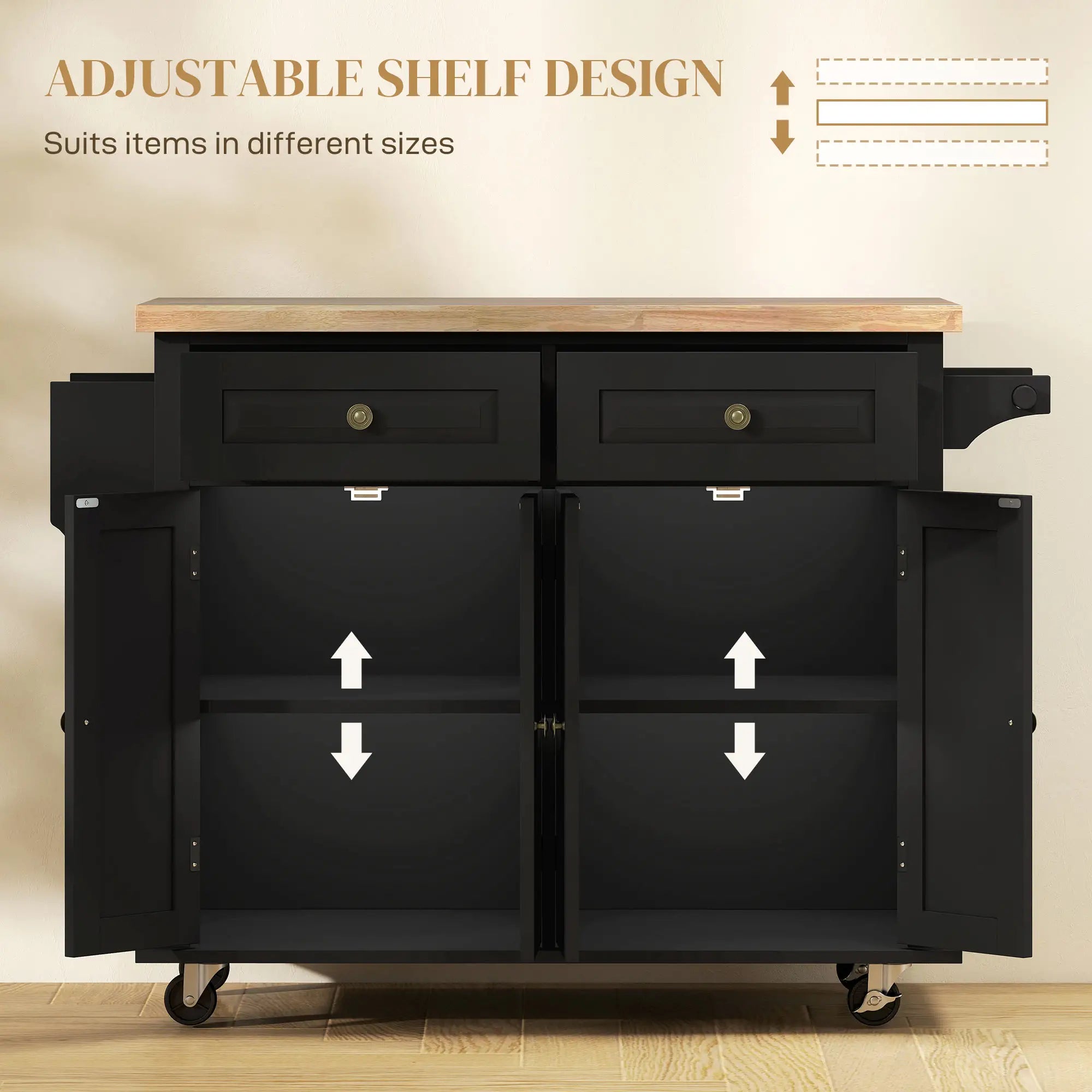 Kitchen Island with Storage, Rolling Trolley Cart with Rubber Wood Top, Spice Rack, Towel Rack, Black Kitchen Islands & Kitchen Carts at Gallery Canada