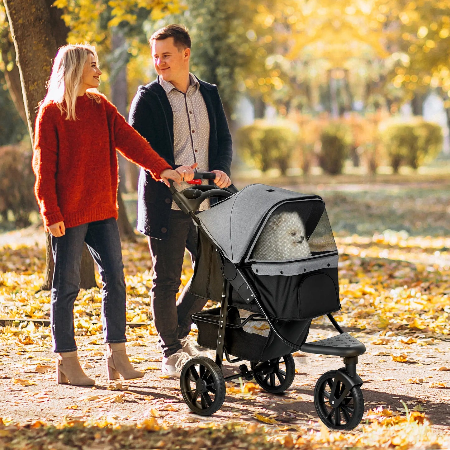 3 Wheel Folding Dog Stroller, Adjustable Canopy, Storage Brake, Mesh Window, for S&M Dogs, Grey Dog Bike Trailers & Strollers at Gallery Canada