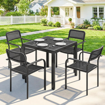Outdoor Dining Set For 4, Faux Wood Metal Patio Table, Stackable Chairs, Black Outdoor Dining Sets at Gallery Canada