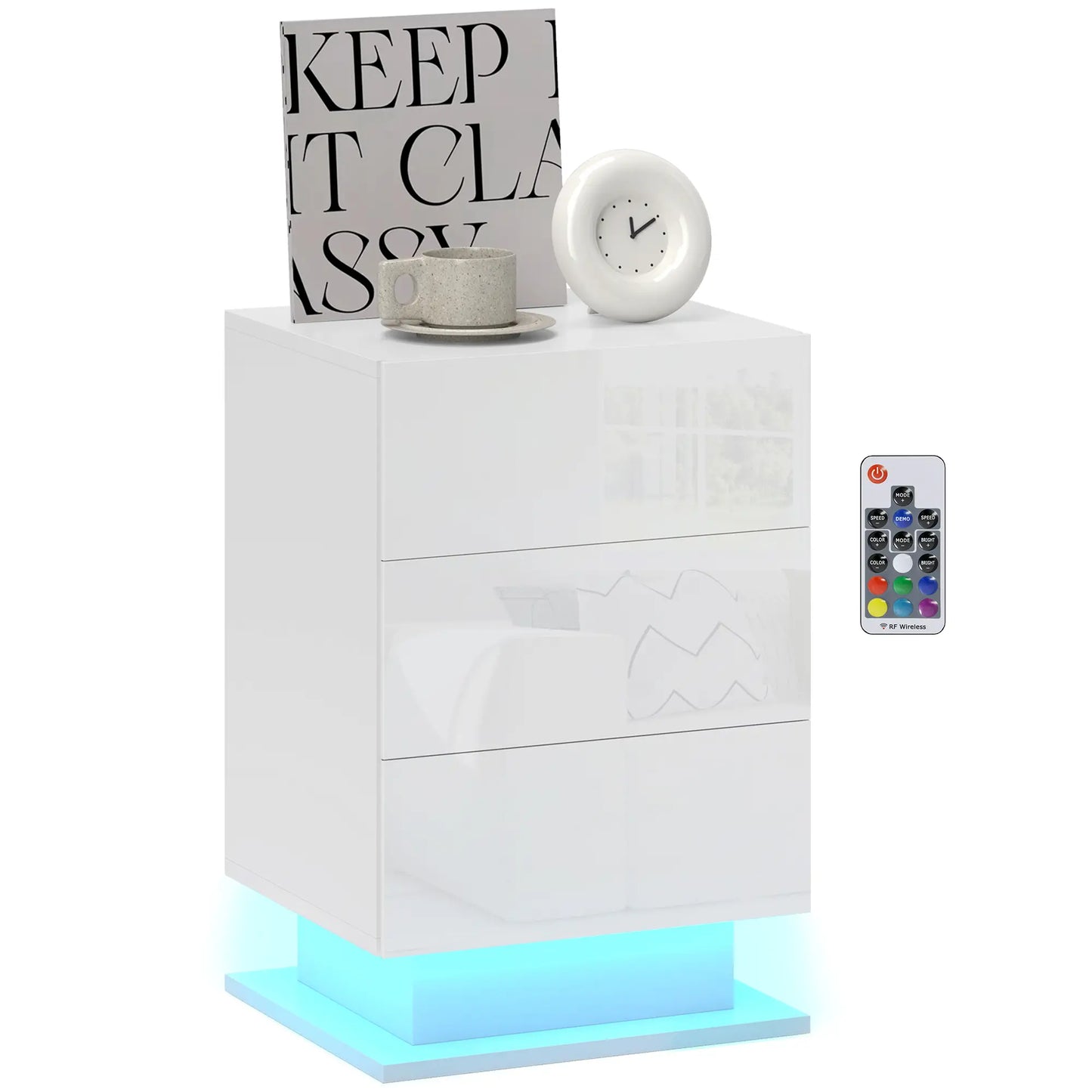 LED Nightstand with 3 Drawers, APP Control, White