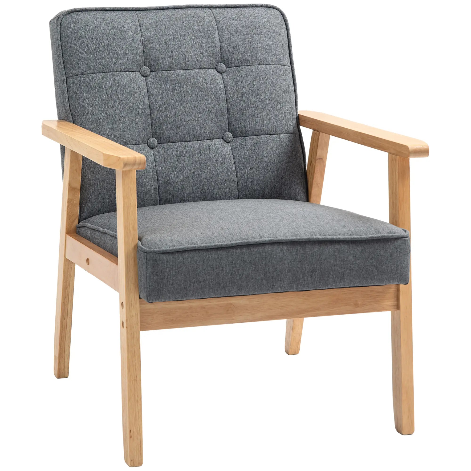 Modern Accent Chair with Button Tufted Back, Line-feel Fabric Armchair with Solid Wood Frame for Bedroom, Grey Accent Chairs at Gallery Canada
