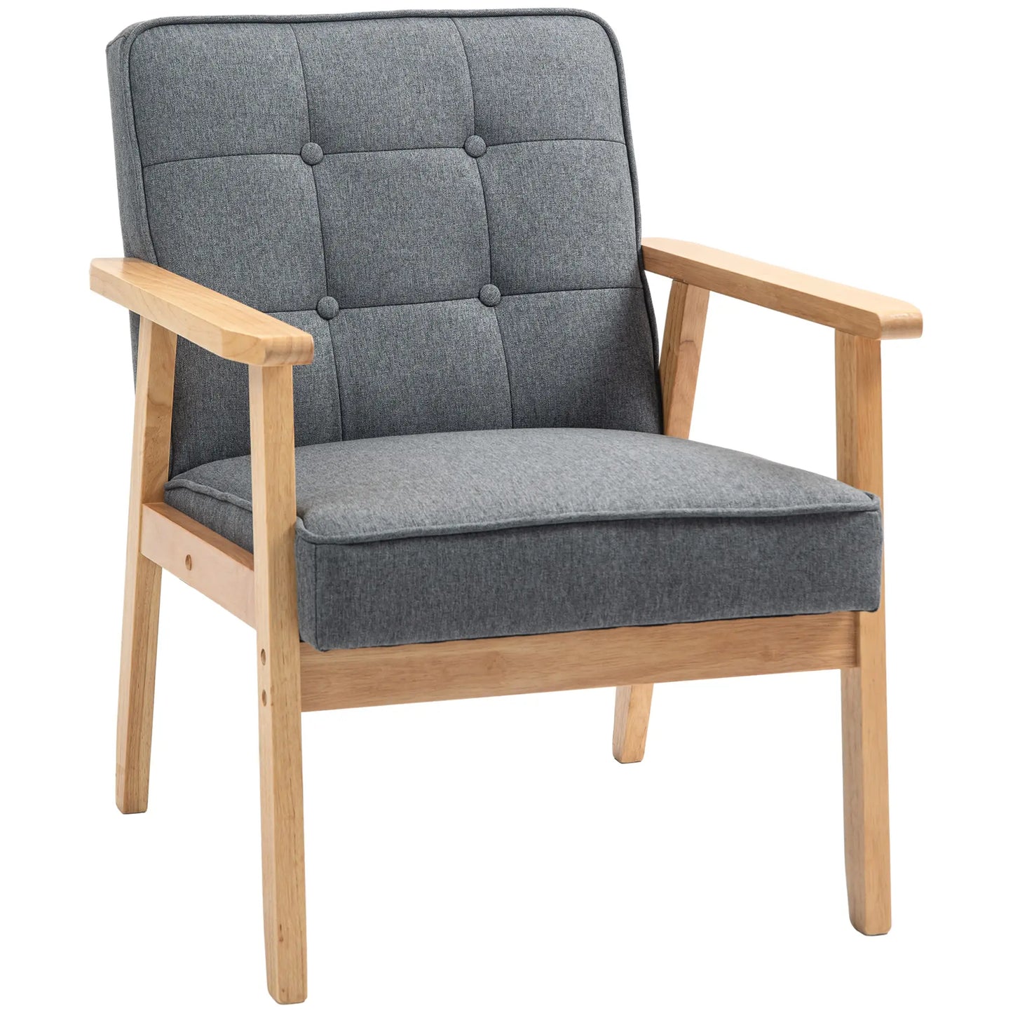 Modern Accent Chair with Button Tufted Back, Line-feel Fabric Armchair with Solid Wood Frame for Bedroom, Grey Accent Chairs at Gallery Canada