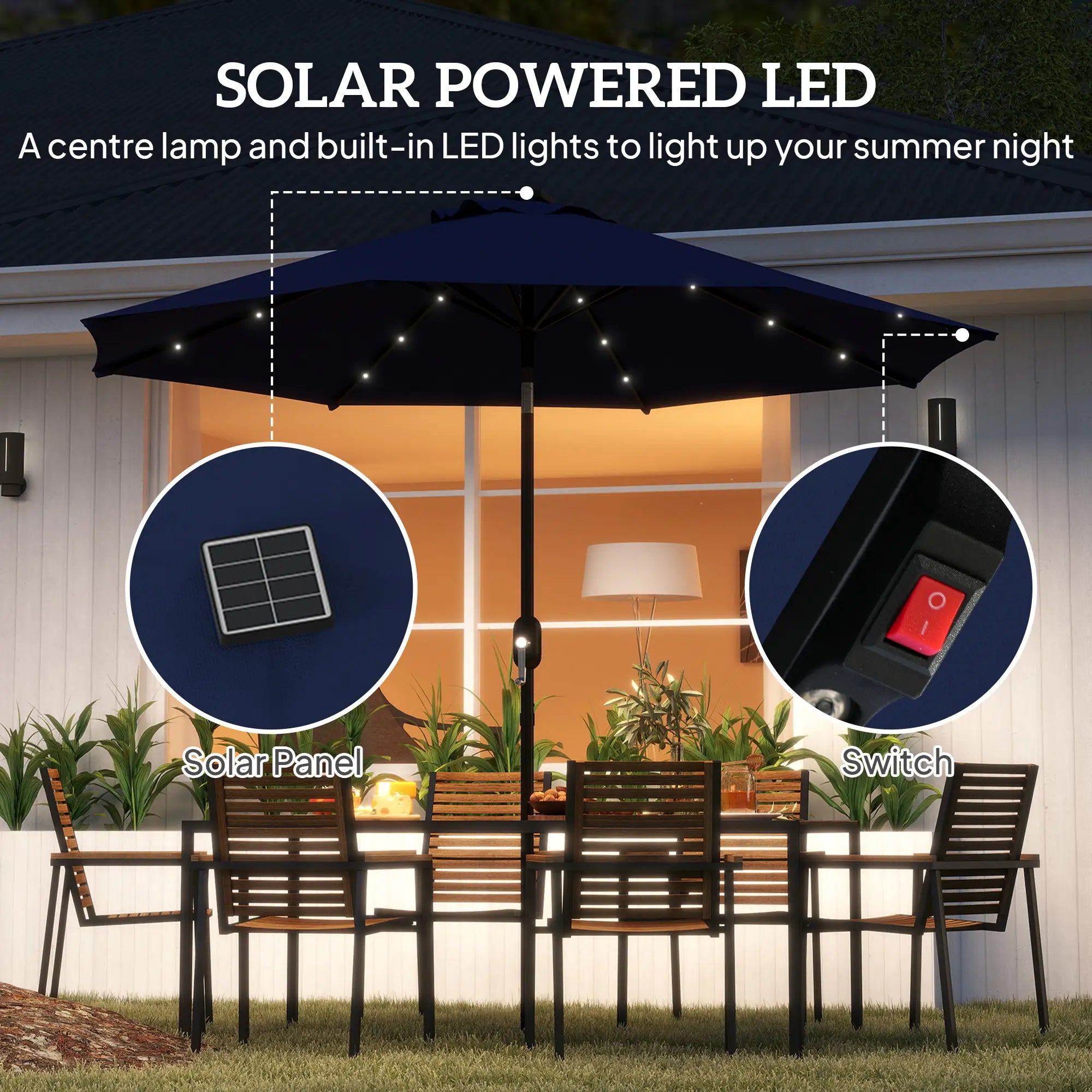 9ft Solar Patio Umbrella, 24 LED Lights, Tilt Canopy, Navy Blue Sun Umbrellas at Gallery Canada