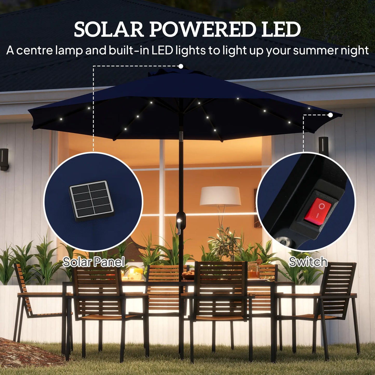 9ft Solar Patio Umbrella, 24 LED Lights, Tilt Canopy, Navy Blue Sun Umbrellas at Gallery Canada
