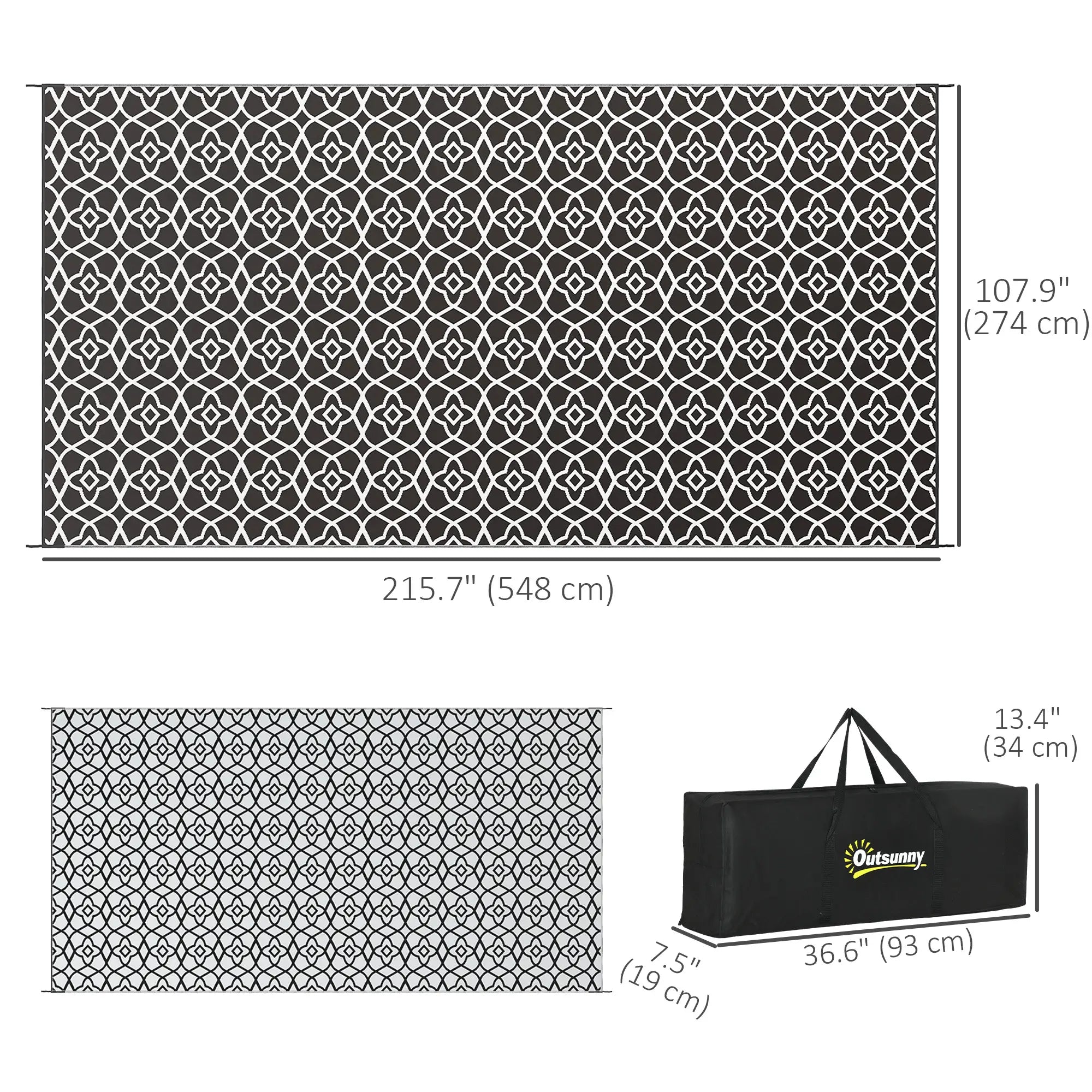 Reversible Outdoor Rug, Waterproof, 9' x 18', Clover, Black and White Outdoor Reversible Rugs at Gallery Canada
