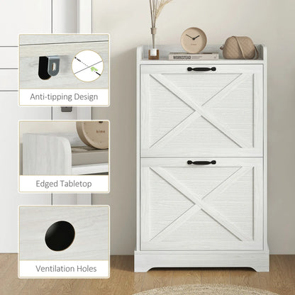 Slim Shoe Storage Cabinet, Farmhouse Style, 2 Flip Drawers, Adjustable Shelves, Holds 8 Pairs, Distressed, White Shoe Storage Cabinets & Racks at Gallery Canada