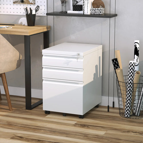 3 Drawer Lockable Filing Cabinet on Wheels, Legal Letter A4 Files, White