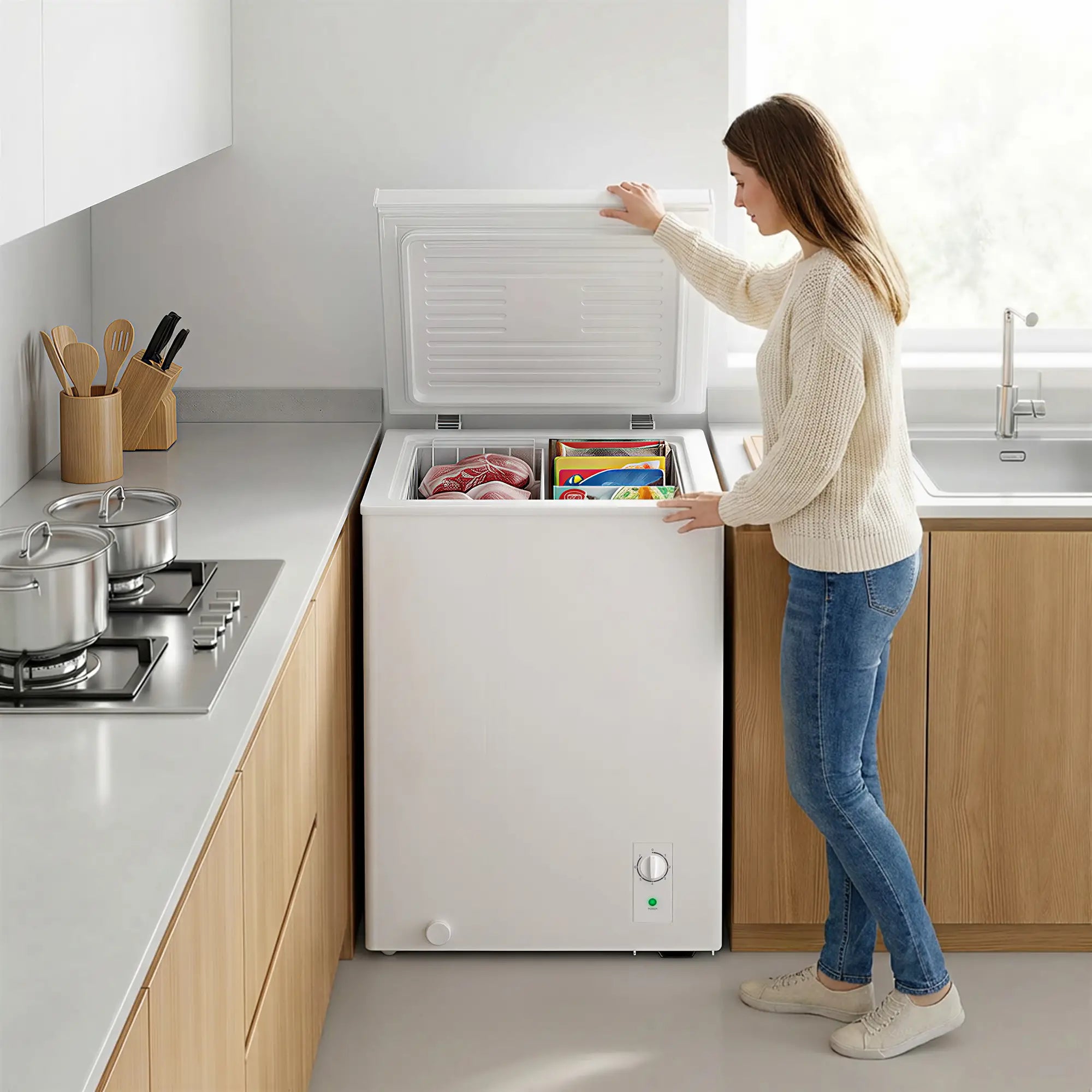 3.5 Cu.Ft Chest Freezer, Adjustable Thermostat, Wire Basket, White Small Kitchen Appliances at Gallery Canada