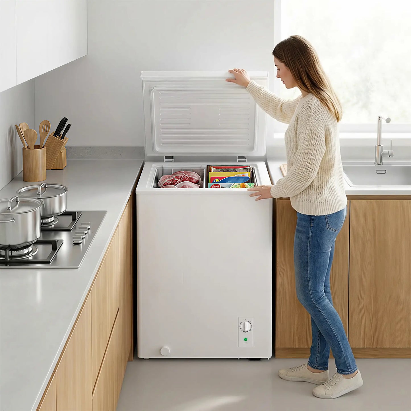 3.5 Cu.Ft Chest Freezer, Adjustable Thermostat, Wire Basket, White Small Kitchen Appliances at Gallery Canada