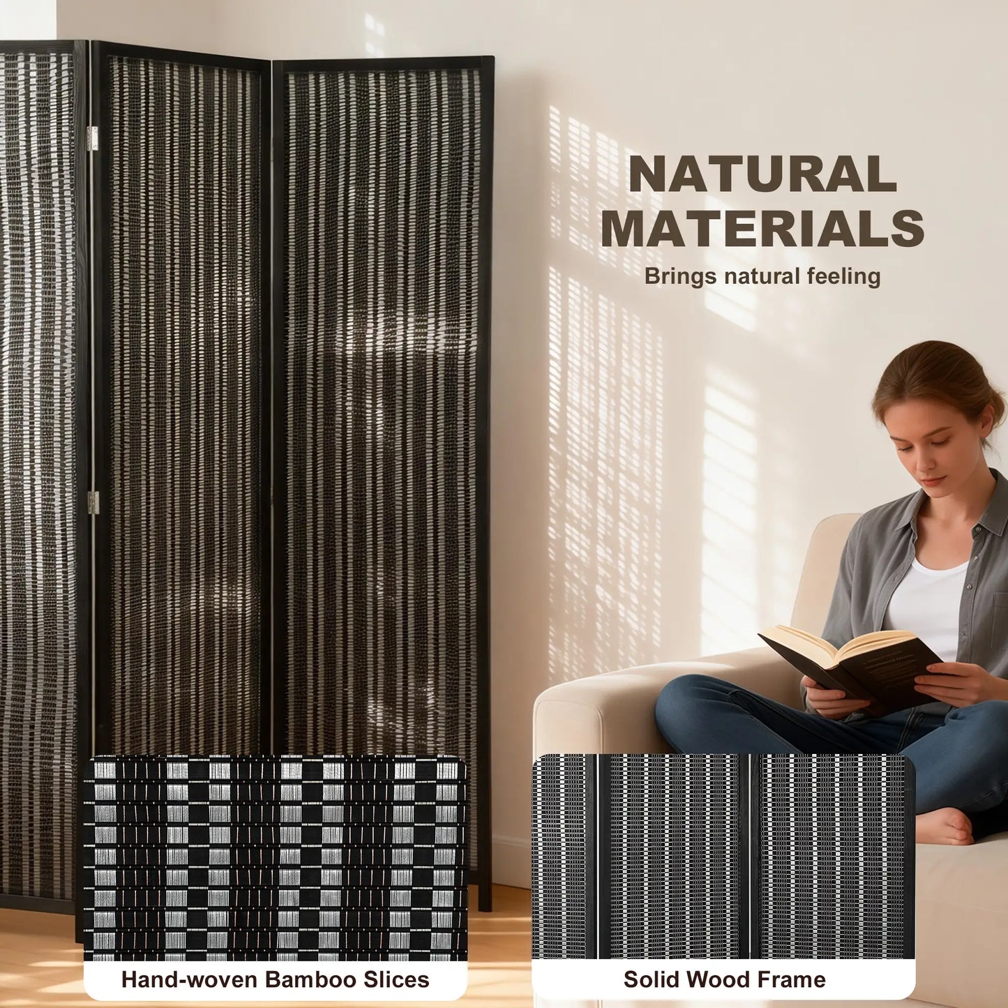 Folding Privacy Screen, 6 Panel Room Divider, Handwoven Bamboo, Black Room Dividers at Gallery Canada