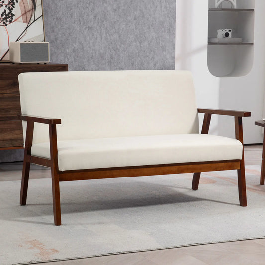 Compact Loveseat Sofa, Linen Fabric, Rubber Wood Legs, Cream White 2-Seater Sofas Cream White, Coffee at Gallery Canada