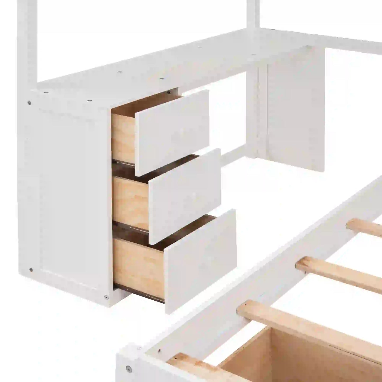 Over Twin Bunk Bed with Desk, Drawers, Shelves, 98" L x 80" W x 64.5" H, White Bed Frames at Gallery Canada