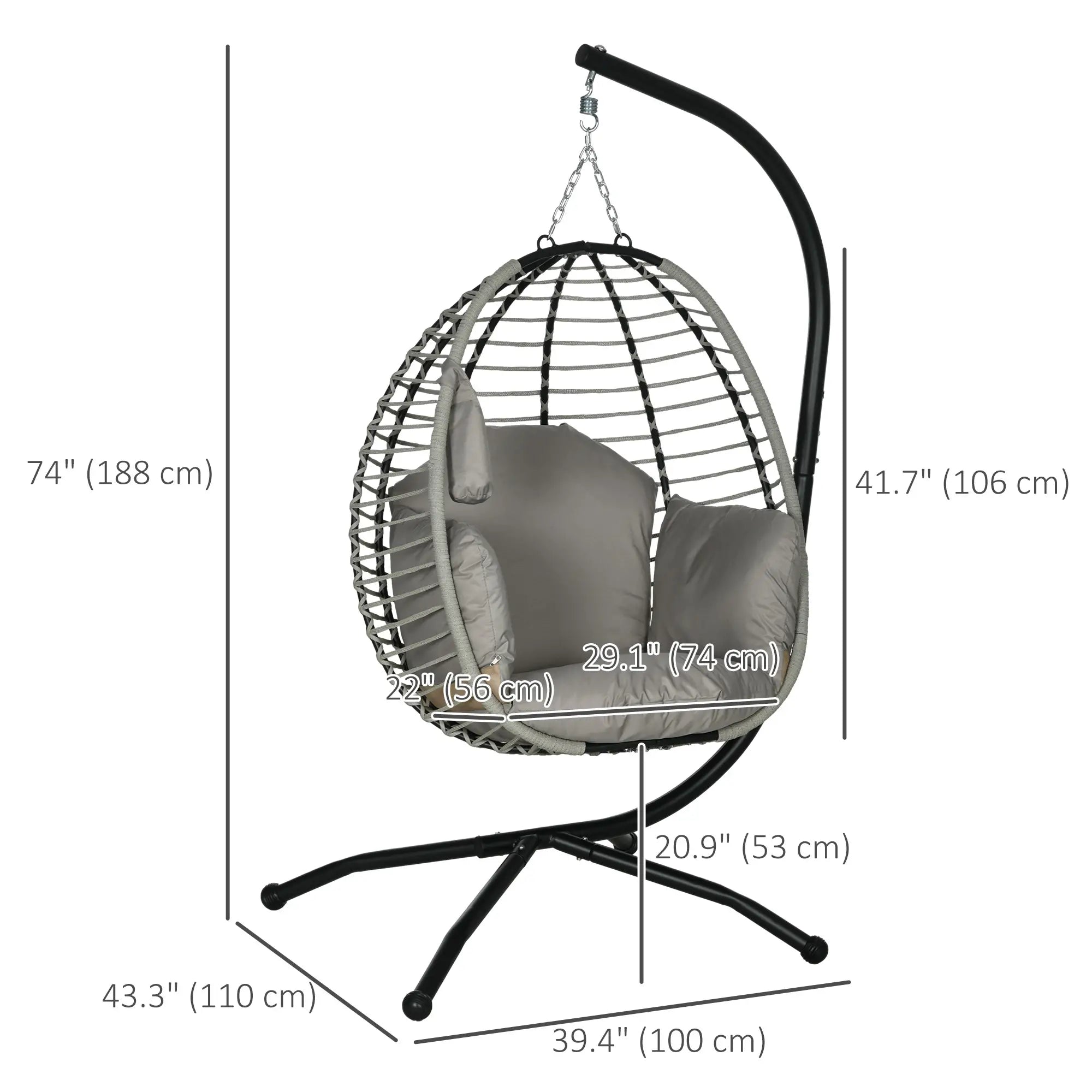 Outdoor Hanging Egg Chair, Thick Padded Cushion, Patio Swing Chair, Grey Patio Swings with Stand at Gallery Canada