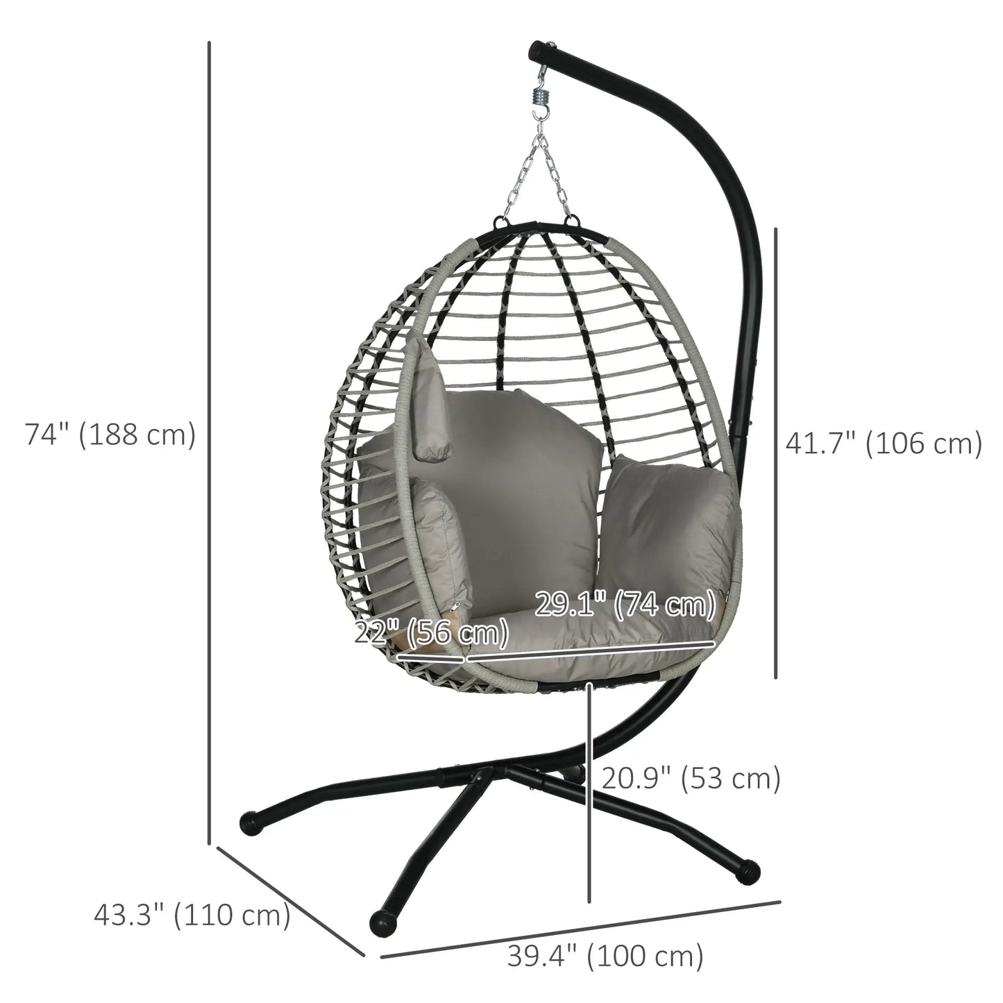 Outdoor Hanging Egg Chair, Thick Padded Cushion, Patio Swing Chair, Grey Patio Swings with Stand at Gallery Canada