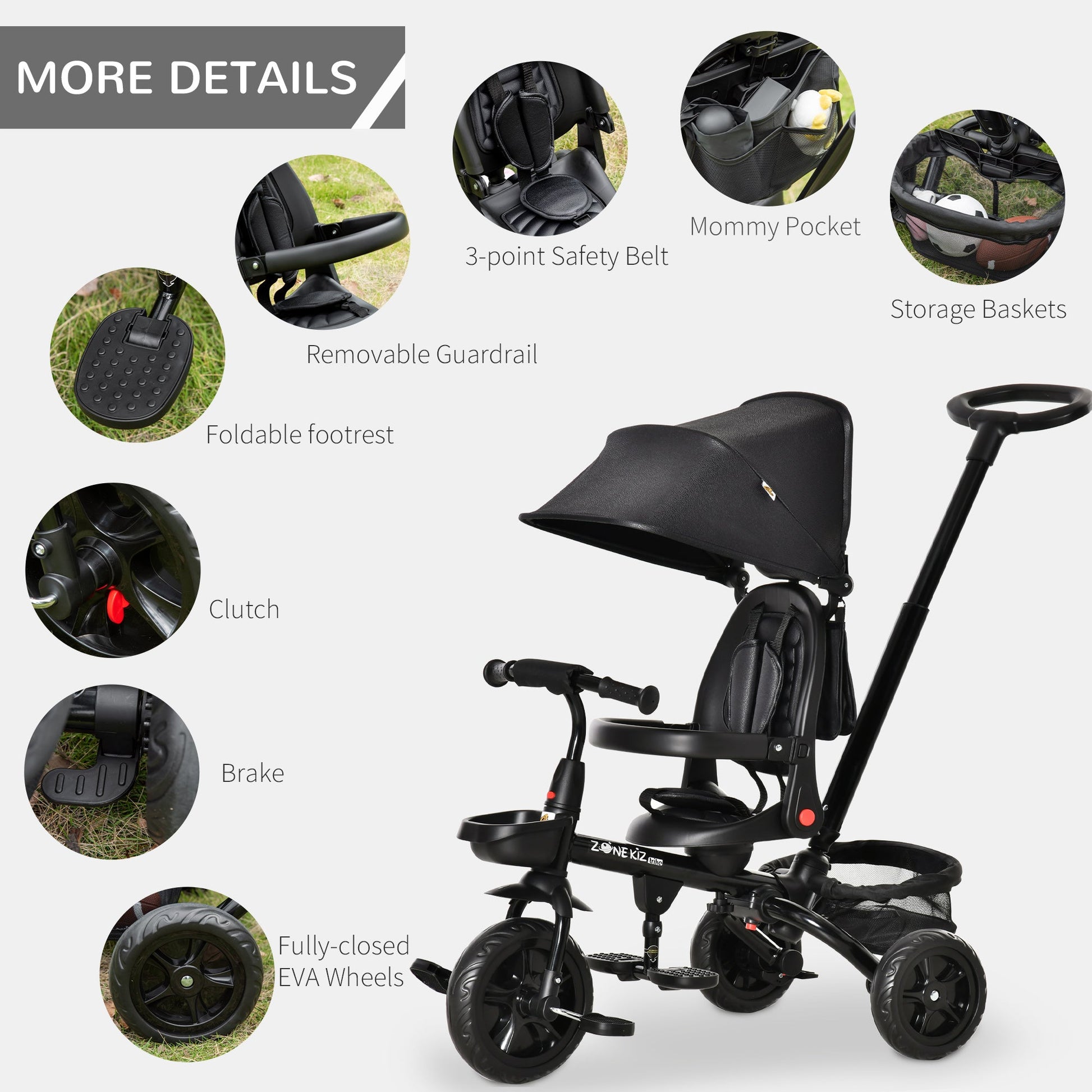 Baby Tricycle 4 In 1 Trike w/ Reversible Angle Adjustable Seat Removable Handle Canopy Handrail Belt Storage Footrest Brake Clutch for 1-5 Years Old Black - Gallery Canada