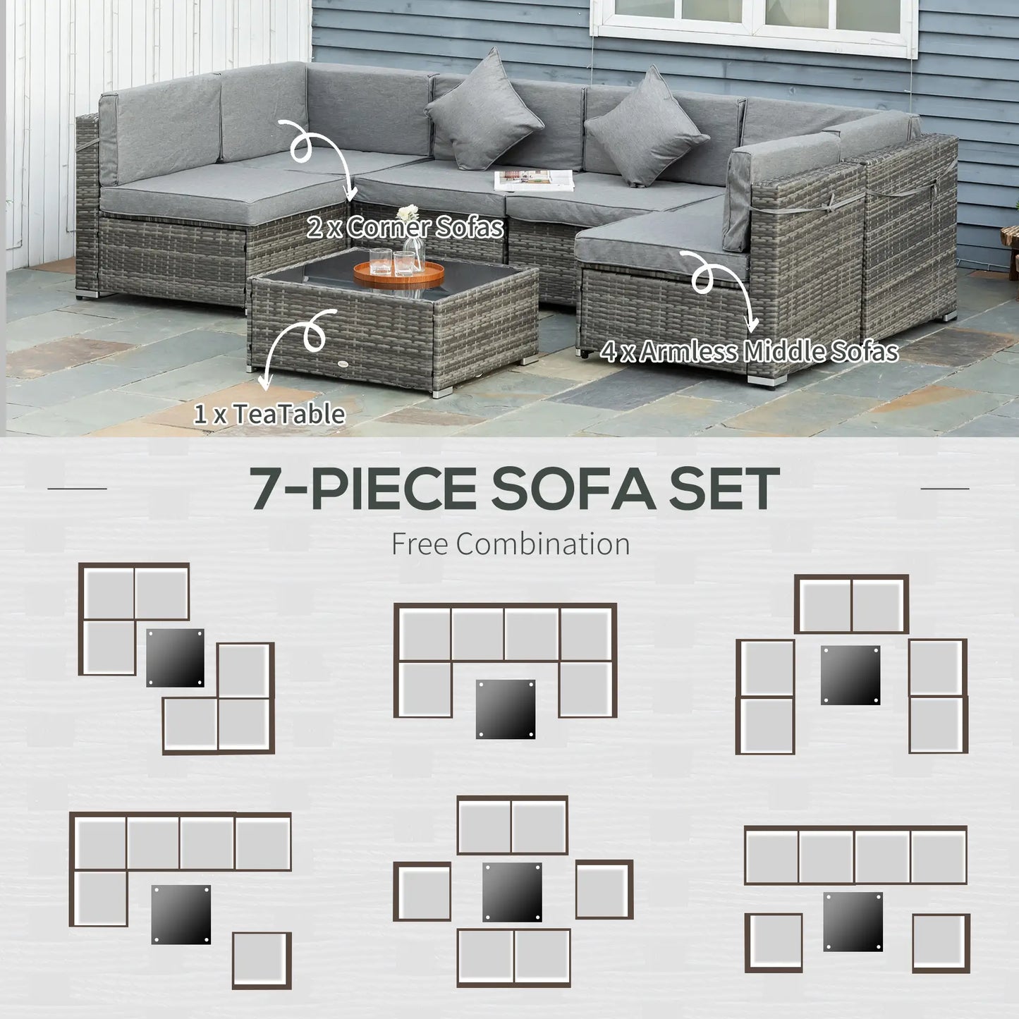 7pc Garden Wicker Sectional Set w/ Tea Table Patio Rattan Lounge Sofa Outdoor Deck Furniture Light Grey Patio Furniture Sets at Gallery Canada
