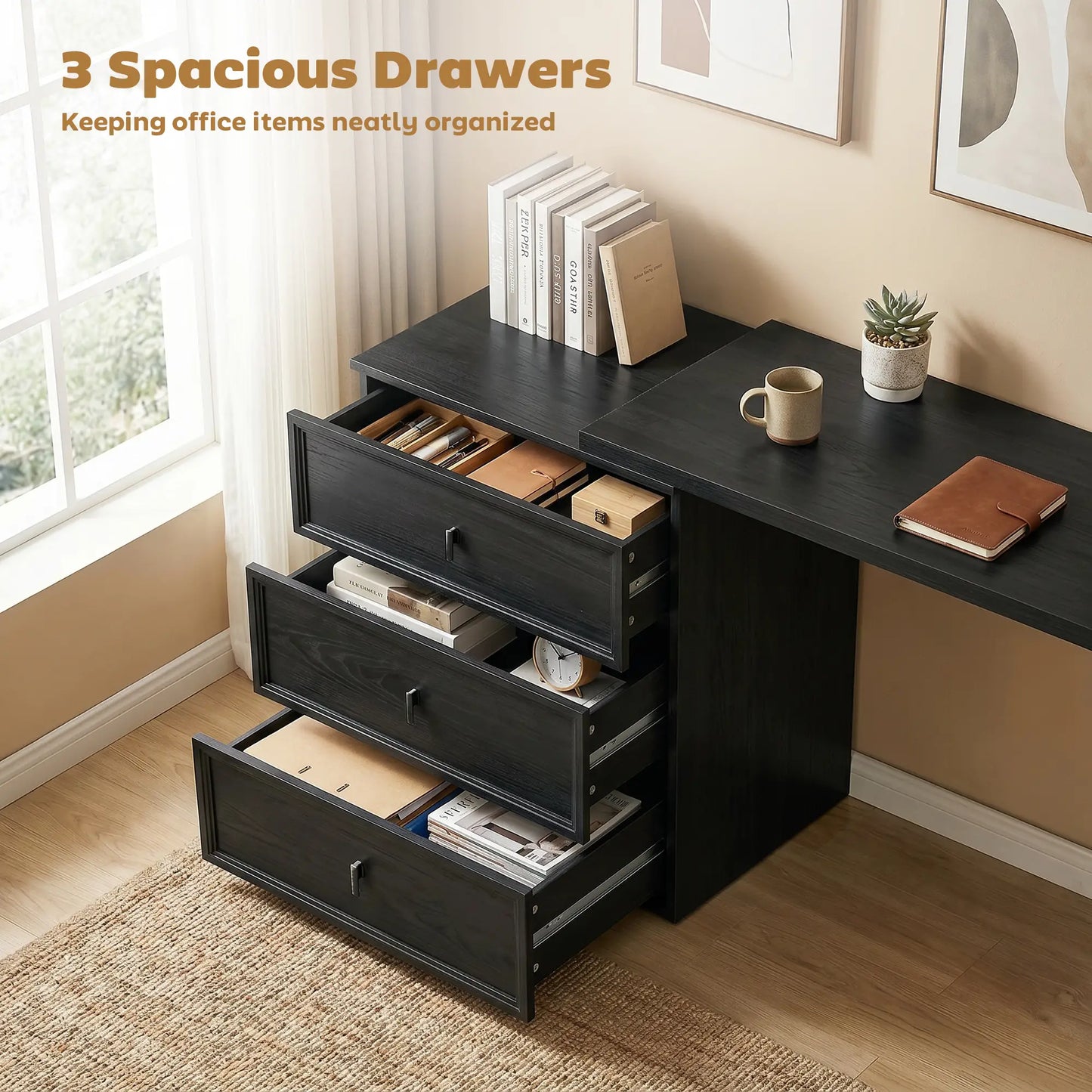 L-Shaped Computer Desk, 3 Drawers, Black Wood Grain, Black Computer Desks at Gallery Canada
