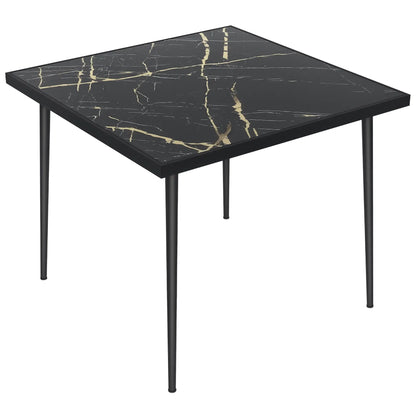 Square Patio Dining Table for 4, Marble Effect Glass Top, Steel Frame, Black Patio Dinning Tables at Gallery Canada