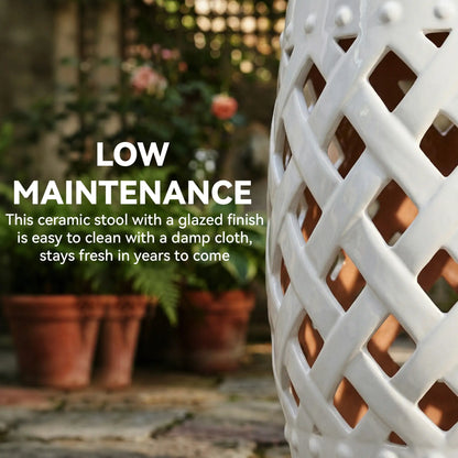18" Ceramic Garden Stool, Woven Lattice Design, Indoor Outdoor, White Patio Chairs at Gallery Canada