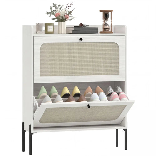 Shoe Cabinet, 2 Flip Drawers, Narrow Boho, White