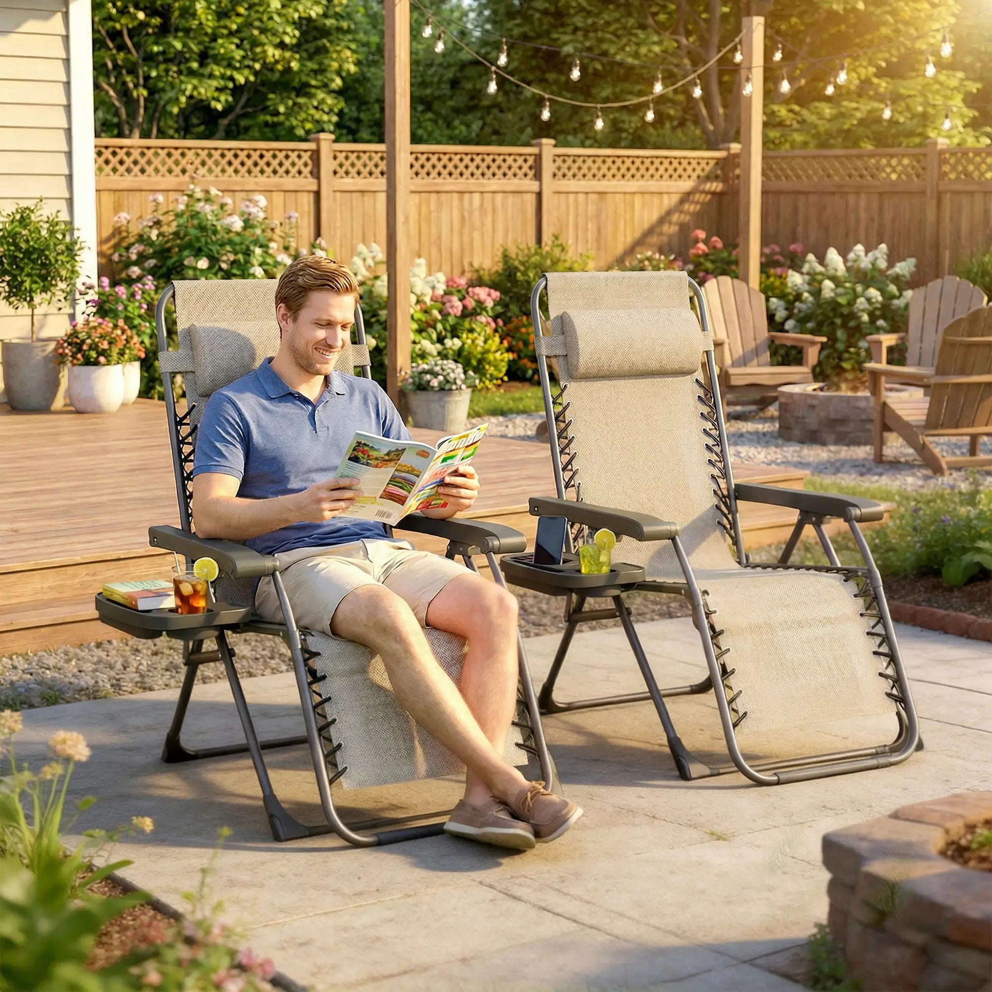 Zero Gravity Chair Set, Folding Reclining Outdoor Lounge, Light Brown Lounger Chairs at Gallery Canada