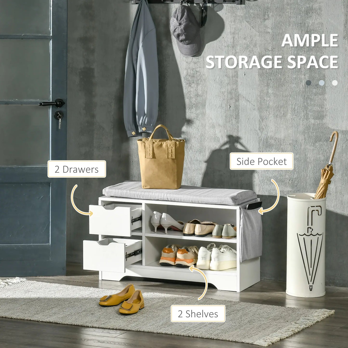 Upholstered Shoe Storage Bench With Seat, Drawer, Open Shelves, White Shoe Storage Cabinets & Racks at Gallery Canada