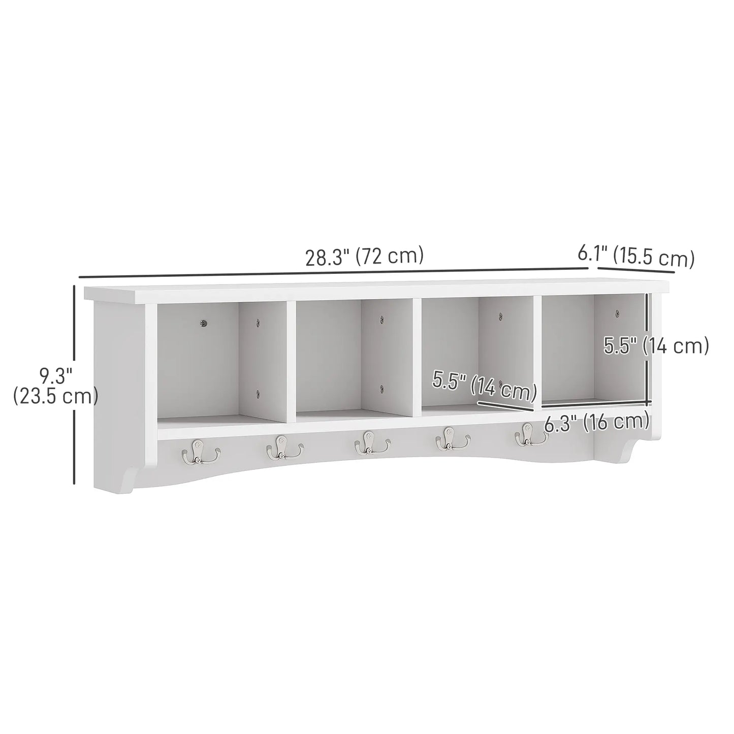 Wall Mount Coat Rack with Shelf, 28", 5 Hooks, 4 Compartments, White Clothing Storage at Gallery Canada